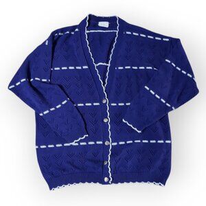 Vintage Blair Boutique Indigo V-Neck Sweater Metallic Striped Pointelle - XL